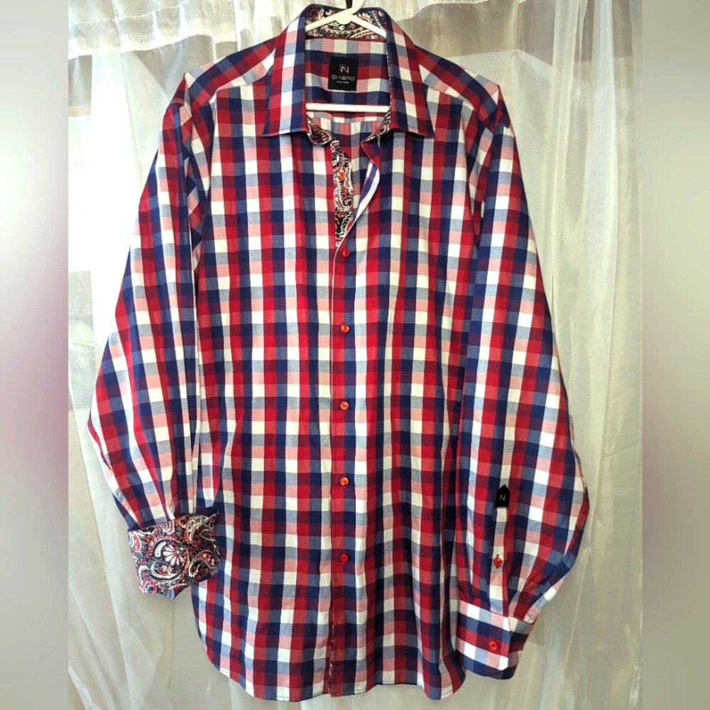 Di Nero Milano Men's XXL Plaid Paisley Red White Blue Button Up Collared Shirt